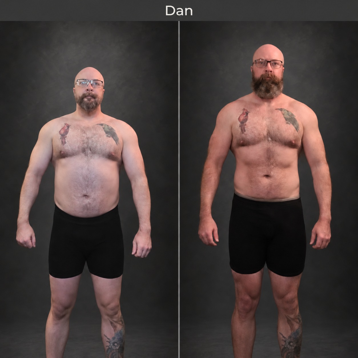 Client side-by-side progress photos, front view