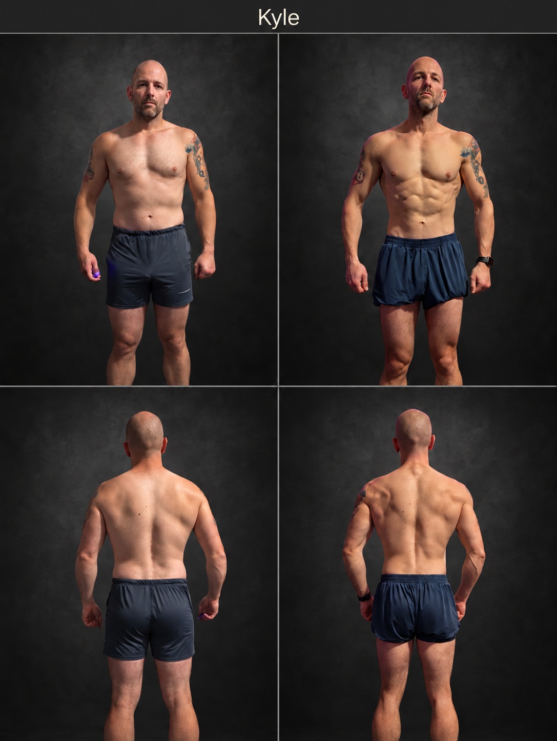 Four client progress photos showing front and back views side by side