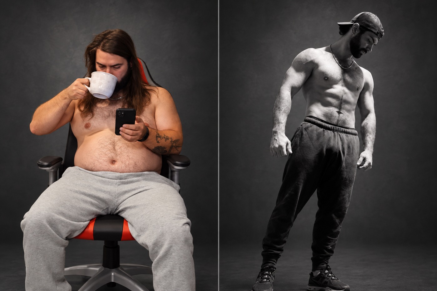 Allan’s transformation: earlier seated photo on the left and gym photo on the right