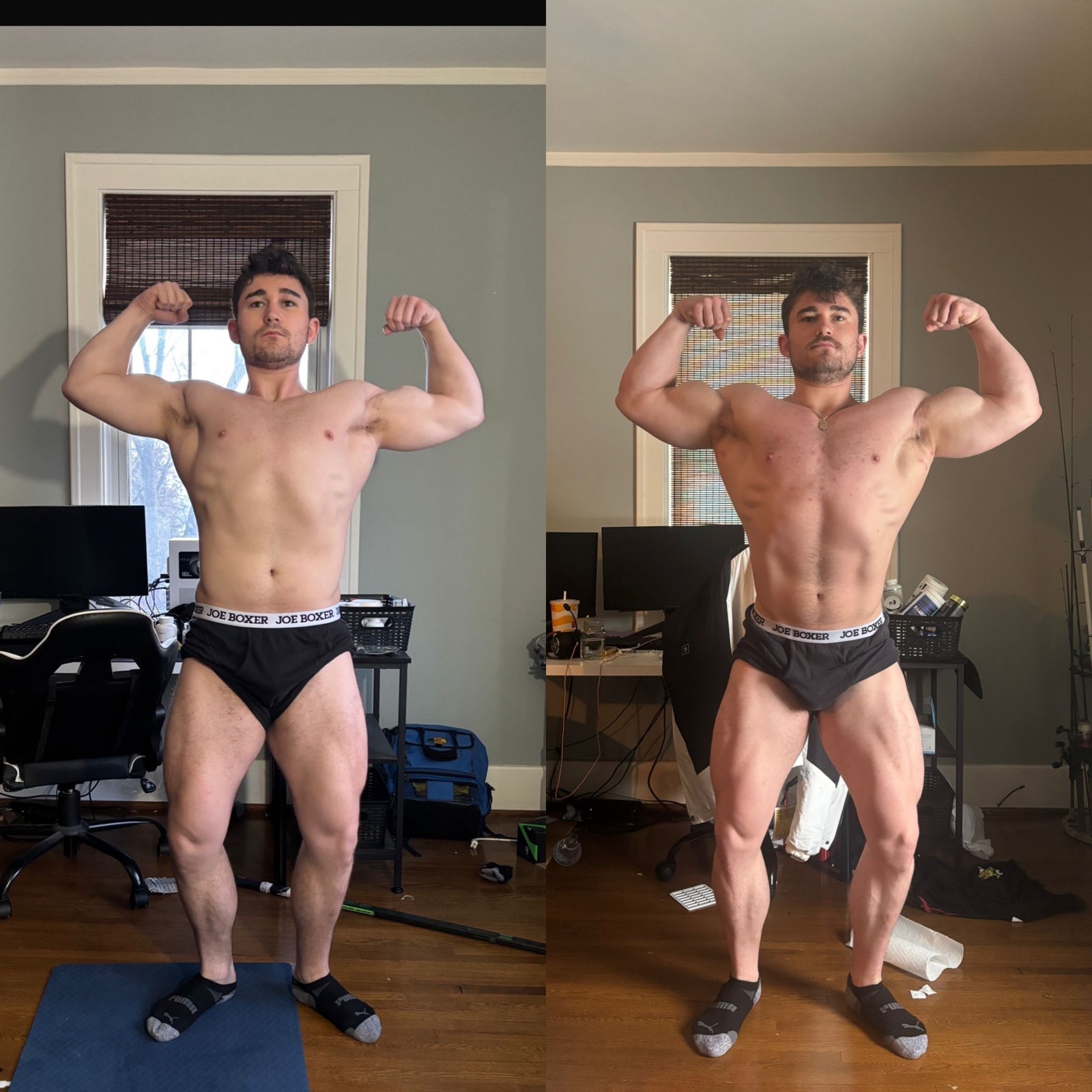 Diano’s front double biceps transformation, earlier photo on the left and later photo on the right