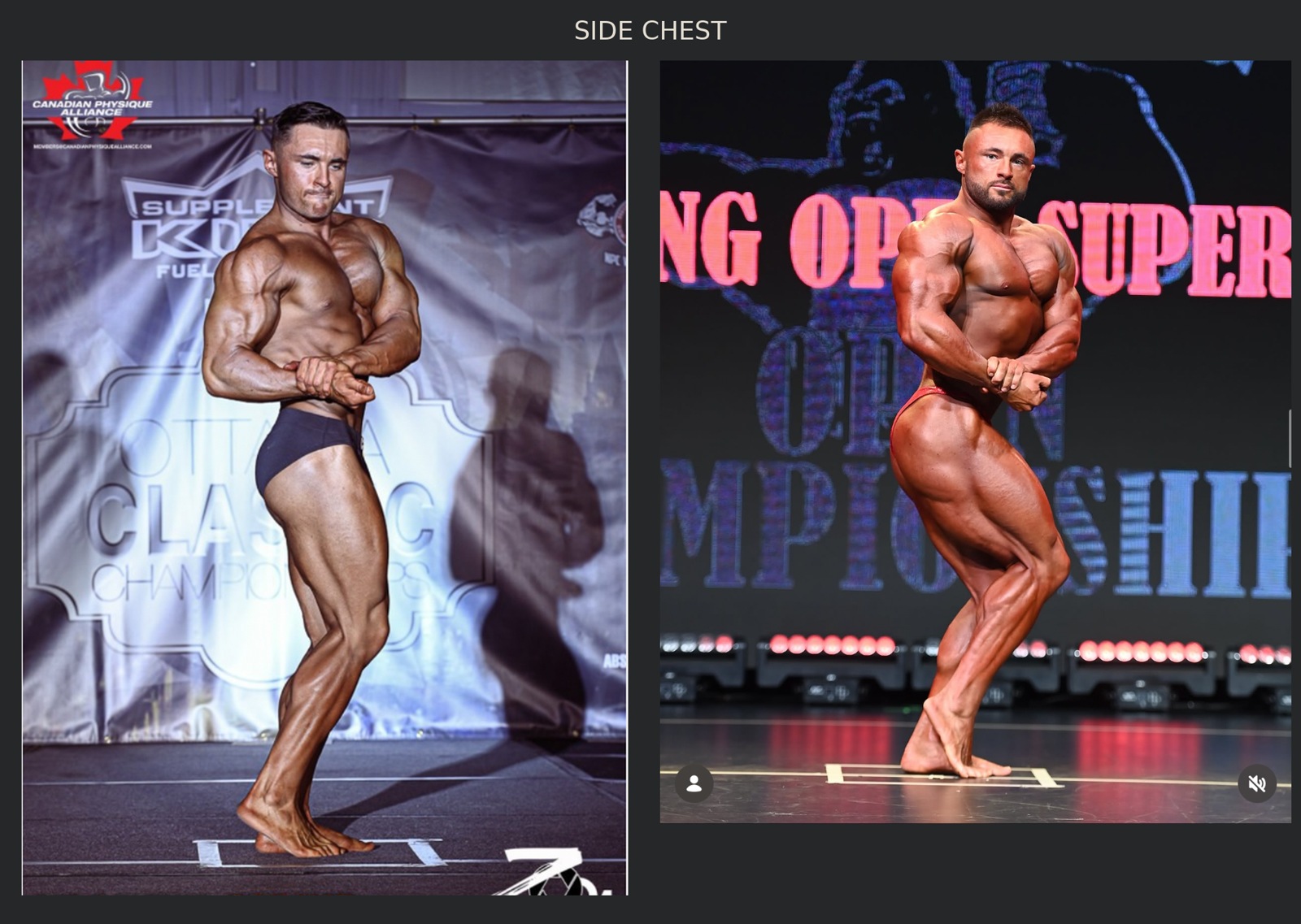 Colton’s side chest: first show on the left and most recent show on the right